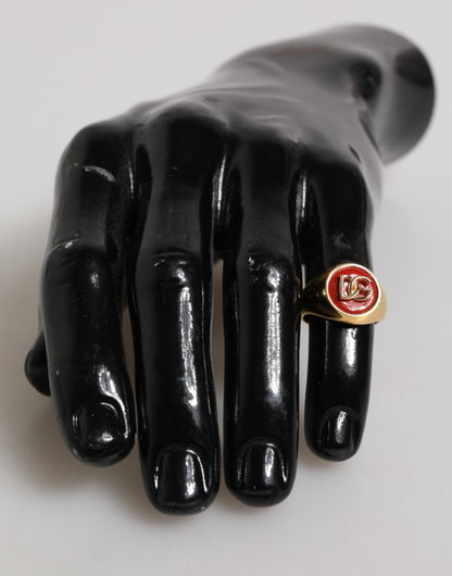 Dolce & Gabbana Gold Tone Real Brass Red DG Logo Men Ring - The Gentlemen's Vault