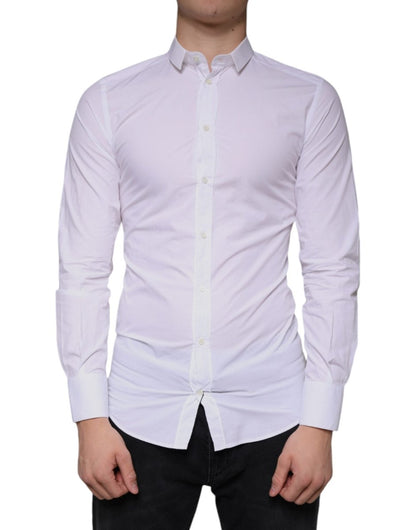 Dolce & Gabbana White Cotton Dress GOLD Formal Collared Shirt - The Gentlemen's Vault