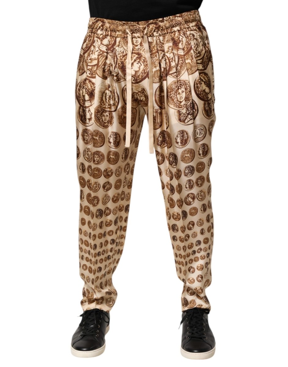 Dolce & Gabbana Beige Coin Print Silk Twill Men Jogger Pants - The Gentlemen's Vault