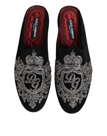 Dolce & Gabbana Black Velvet Slides DG Crown Slipper Shoes - The Gentlemen's Vault