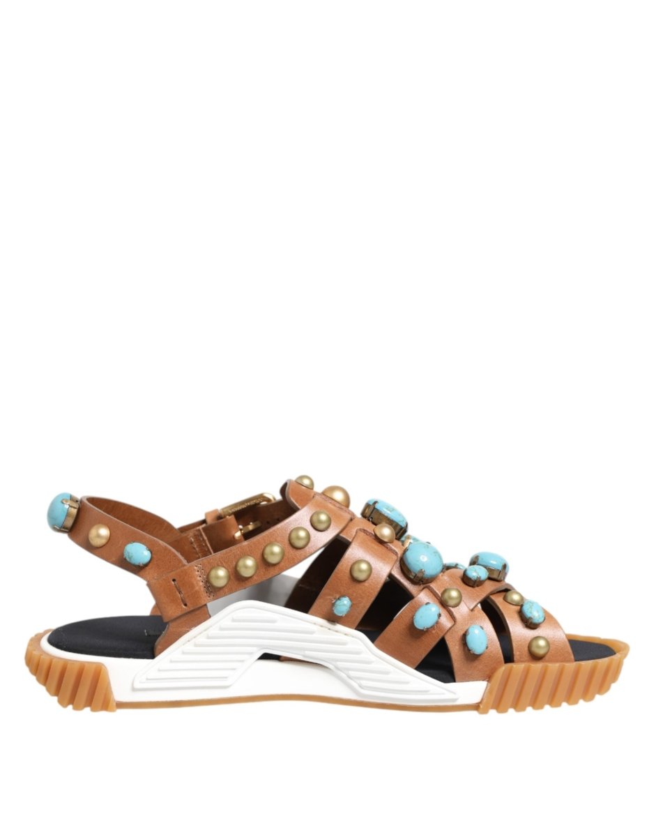 Dolce & Gabbana Brown Leather Studded Slides Sandals Shoes - The Gentlemen's Vault