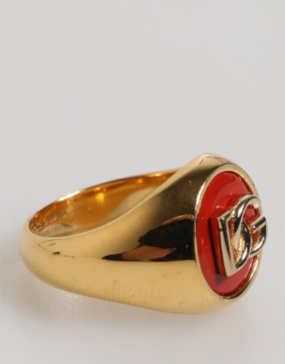 Dolce & Gabbana Gold Tone Real Brass Red DG Logo Men Ring - The Gentlemen's Vault