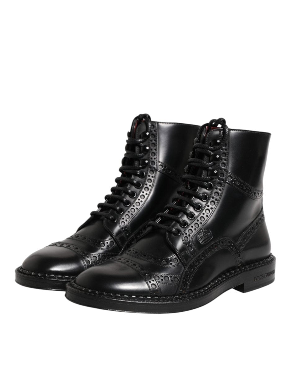 Dolce & Gabbana Black Leather Lace Up Mid Calf Boots Shoes - The Gentlemen's Vault