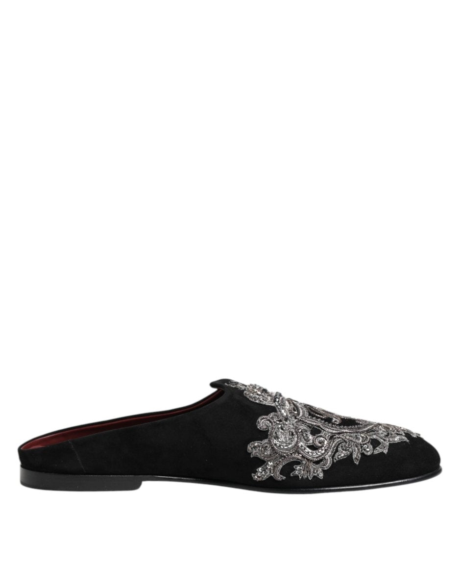 Dolce & Gabbana Black Velvet Slides DG Crown Slipper Shoes - The Gentlemen's Vault