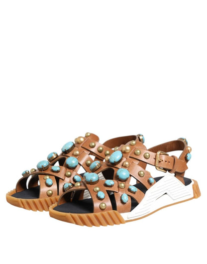 Dolce & Gabbana Brown Leather Studded Slides Sandals Shoes - The Gentlemen's Vault