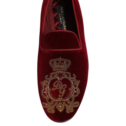 Dolce & Gabbana Red Velvet Gold Crown Mens Loafers Shoes - The Gentlemen's Vault