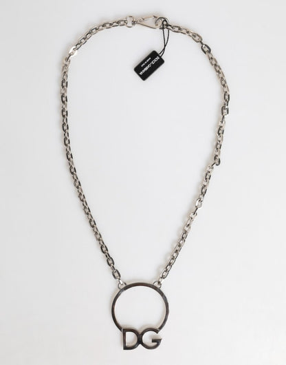 Dolce & Gabbana Silver Tone Brass Chain DG Logo Pendant Men Necklace - The Gentlemen's Vault