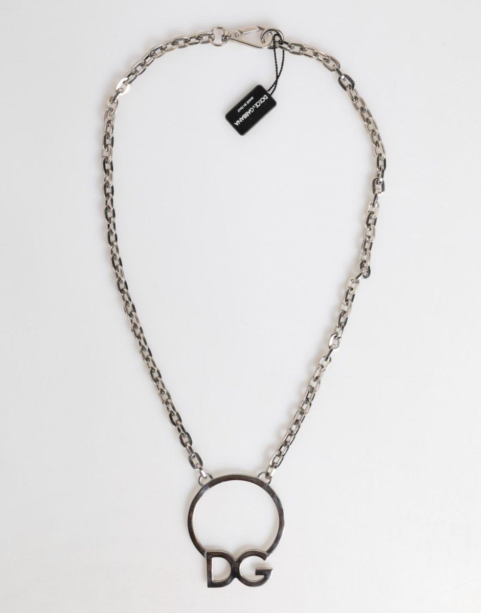 Dolce & Gabbana Silver Tone Brass Chain DG Logo Pendant Men Necklace - The Gentlemen's Vault