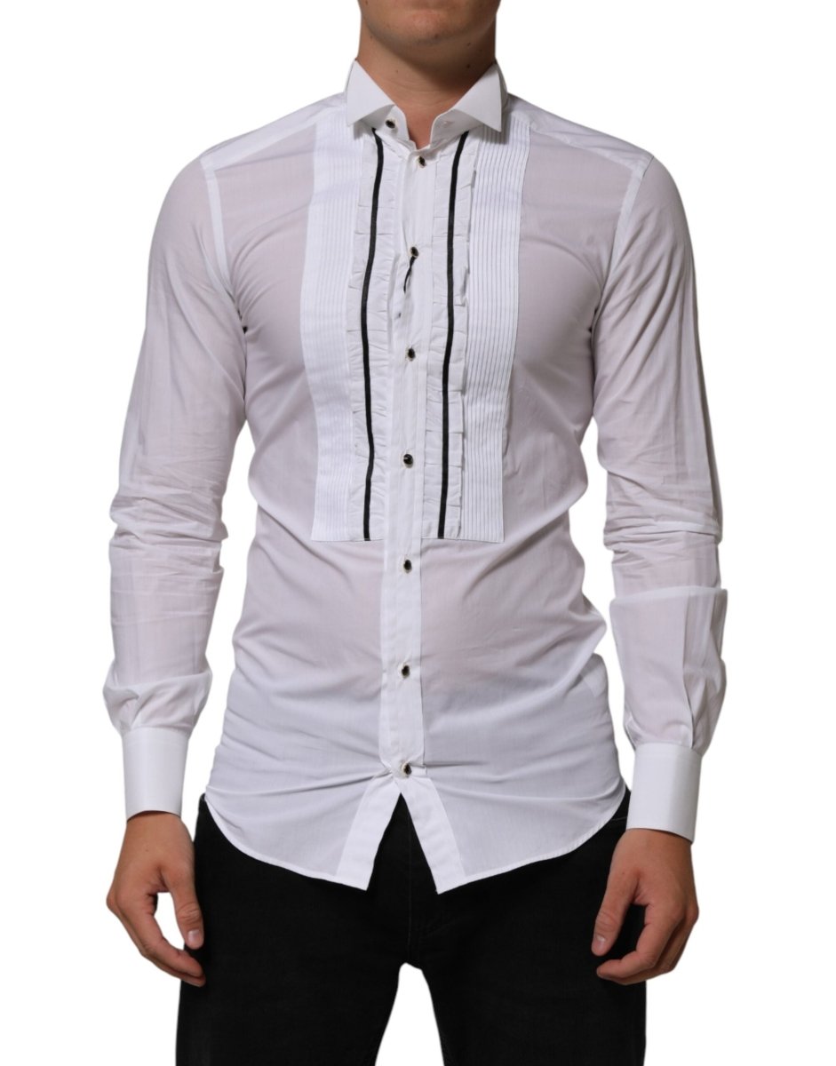 Dolce & Gabbana White Cotton Collared Long Sleeve GOLD Dress Shirt - The Gentlemen's Vault