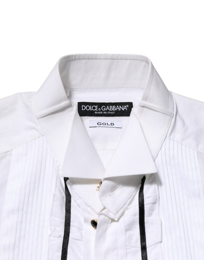 Dolce & Gabbana White Cotton Collared Long Sleeve GOLD Dress Shirt - The Gentlemen's Vault