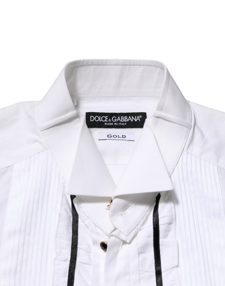 Dolce & Gabbana White Cotton Collared Long Sleeve GOLD Dress Shirt - The Gentlemen's Vault