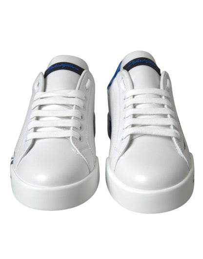 Dolce & Gabbana White Blue Leather Logo Low Top Sneakers Shoes - The Gentlemen's Vault