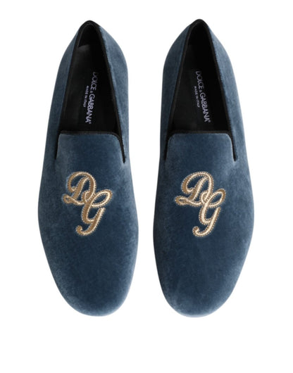 Dolce & Gabbana Blue Velvet DG Logo Loafers Formal Shoes - The Gentlemen's Vault