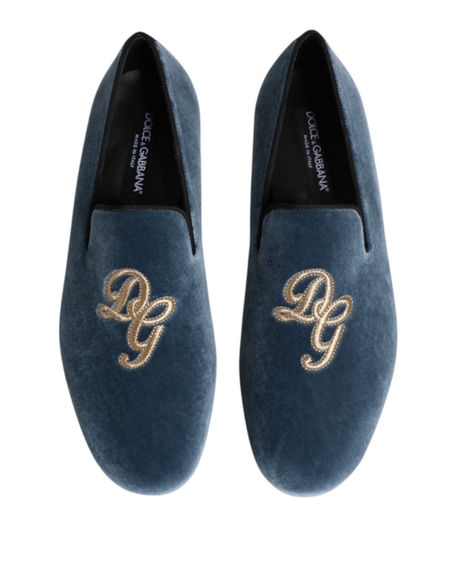 Dolce & Gabbana Blue Velvet DG Logo Loafers Formal Shoes - The Gentlemen's Vault
