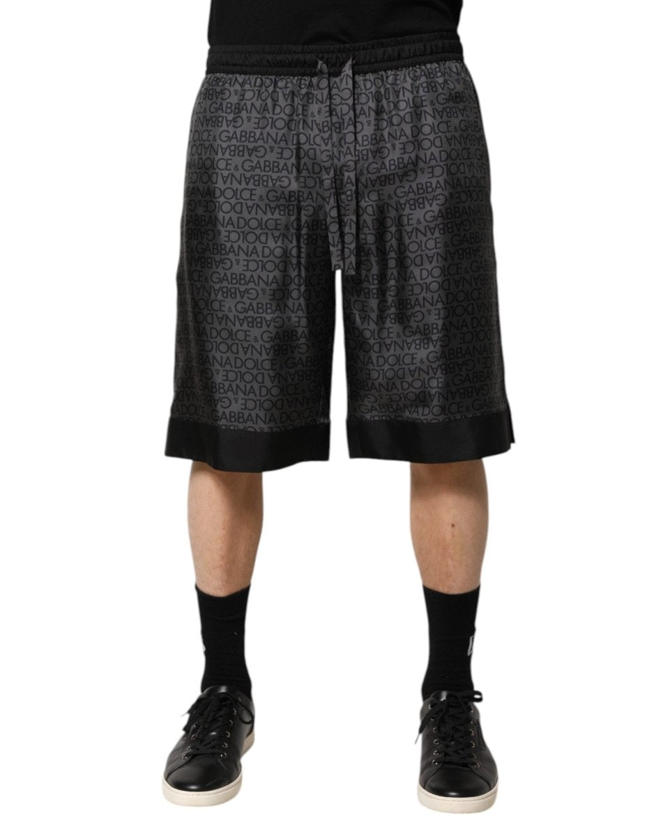Dolce & Gabbana Gray Black Silk DG Logo Men Bermuda Shorts - The Gentlemen's Vault
