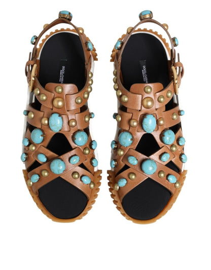 Dolce & Gabbana Brown Leather Studded Slides Sandals Shoes - The Gentlemen's Vault
