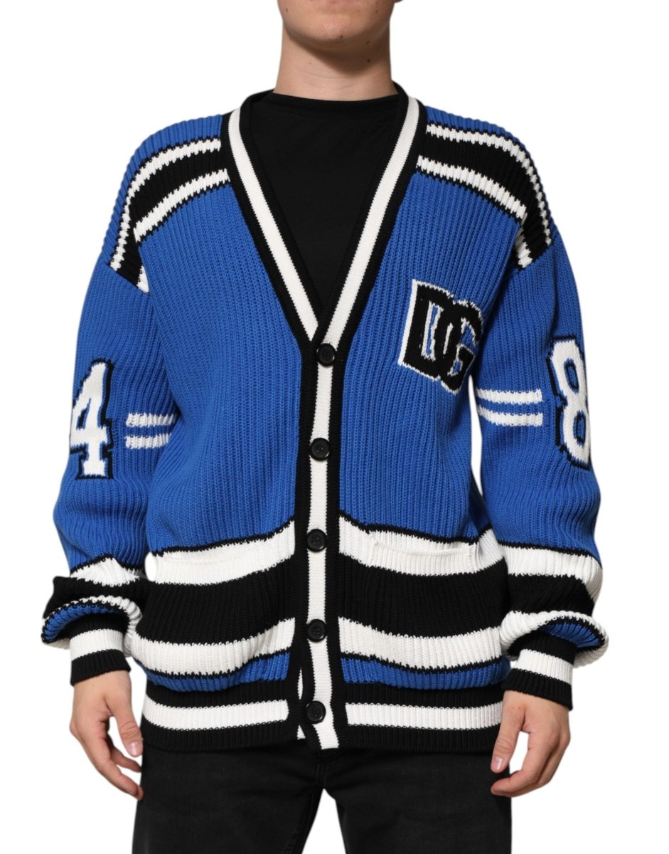 Dolce & Gabbana Blue Cotton Logo Patch Ribbed Knit Cardigan Sweater - The Gentlemen's Vault