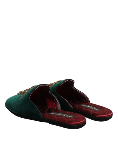 Dolce & Gabbana Green Velvet Cross Embellished Slippers Shoes - The Gentlemen's Vault