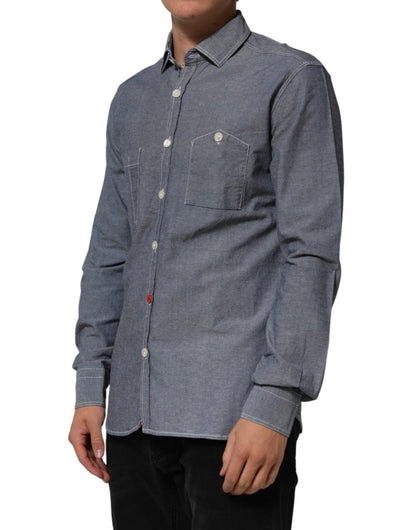 AGLINI Blue Denim Regular Fit Collared Long Sleeve Casual Shirt - The Gentlemen's Vault