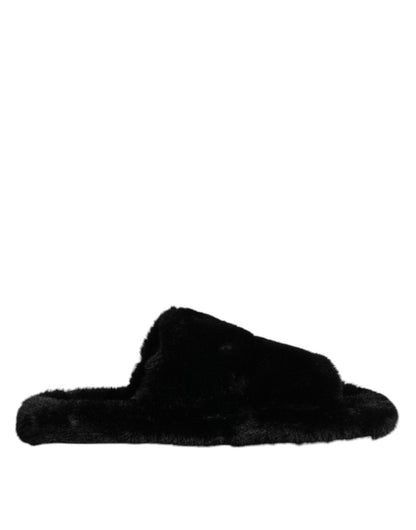 Dolce & Gabbana Black Faux Fur Flats Men Sandals Shoes - The Gentlemen's Vault