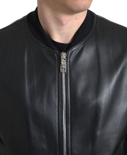 Dolce & Gabbana Black Leather Full Zip Bomber Men Jacket - The Gentlemen's Vault