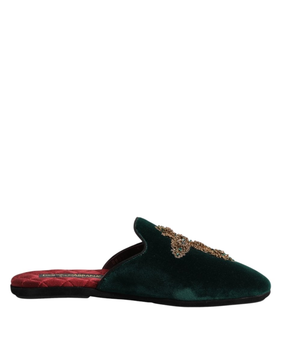 Dolce & Gabbana Green Velvet Cross Embellished Slippers Shoes - The Gentlemen's Vault