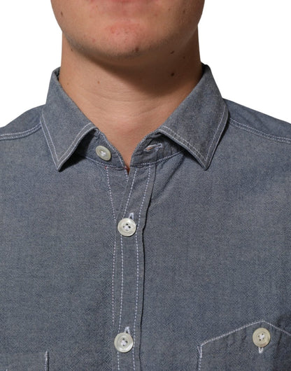 AGLINI Blue Denim Regular Fit Collared Long Sleeve Casual Shirt - The Gentlemen's Vault