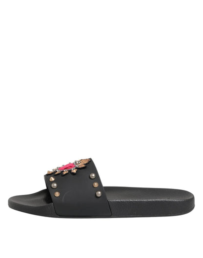 Dolce & Gabbana Black Rubber Sacred Heart Slides Men Beachwear Shoes - The Gentlemen's Vault