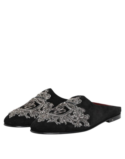 Dolce & Gabbana Black Velvet Slides DG Crown Slipper Shoes - The Gentlemen's Vault