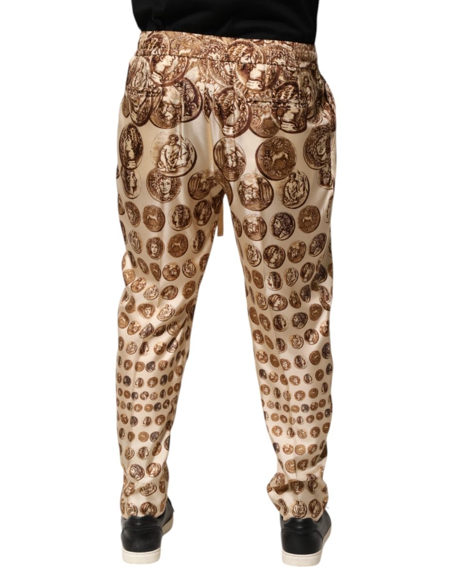 Dolce & Gabbana Beige Coin Print Silk Twill Men Jogger Pants - The Gentlemen's Vault