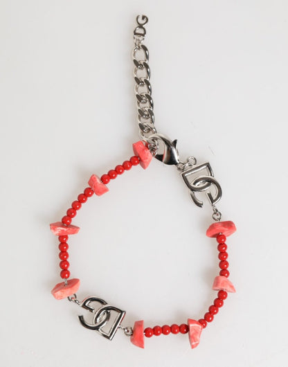 Dolce & Gabbana Silver Tone Brass Beaded Resin DG Logo Chain Men Bracelet - The Gentlemen's Vault