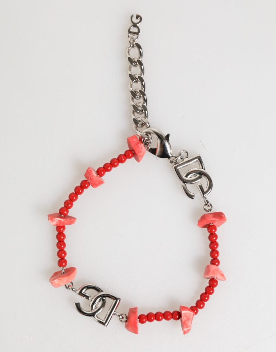Dolce & Gabbana Silver Tone Brass Beaded Resin DG Logo Chain Men Bracelet - The Gentlemen's Vault
