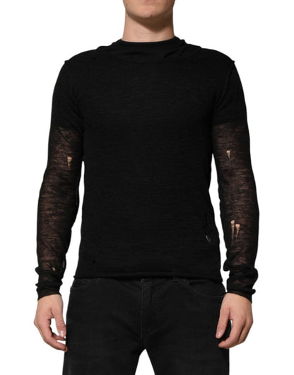 Dolce & Gabbana Black Linen Mesh Tattered Longsleeves T-shirt - The Gentlemen's Vault