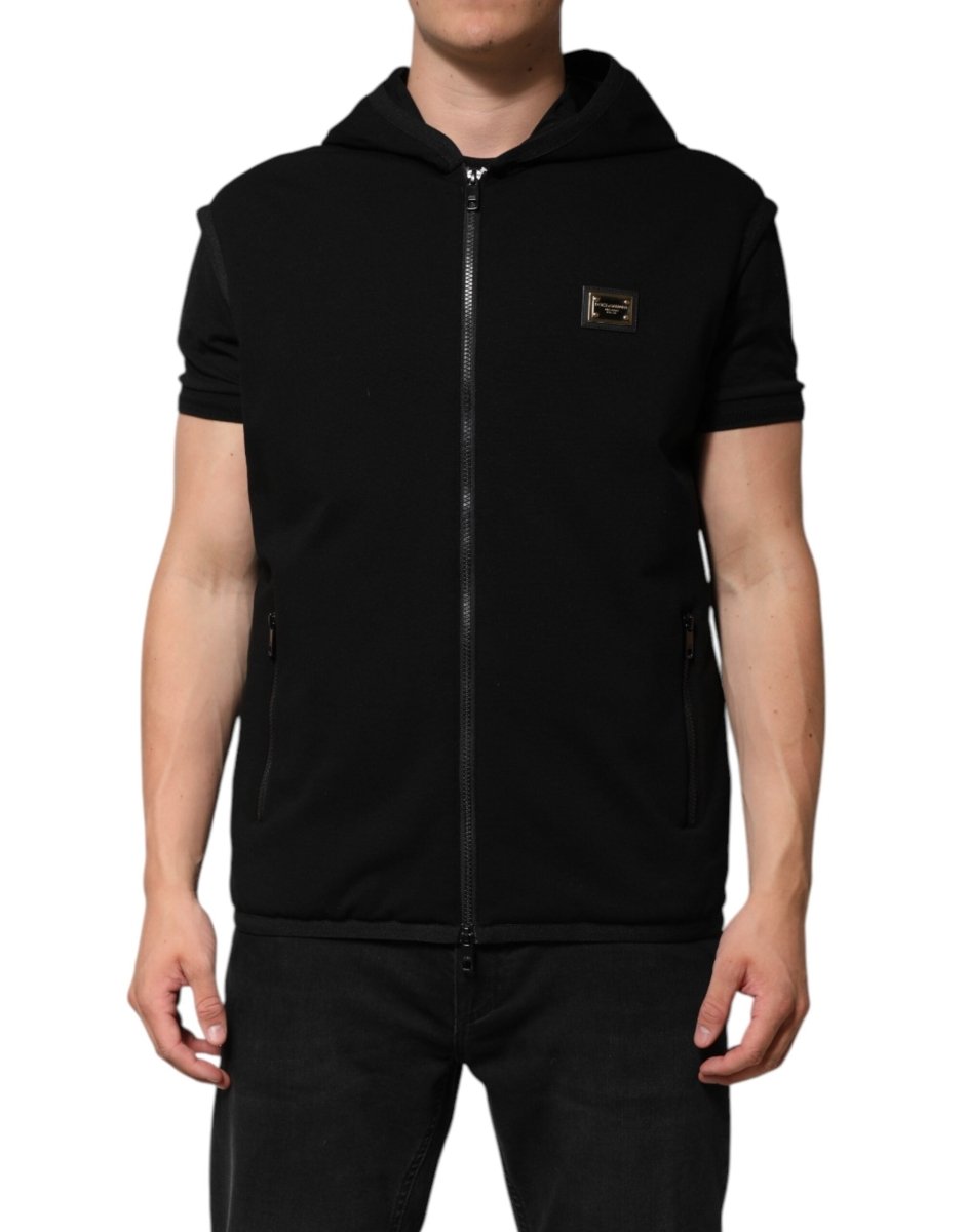 Dolce & Gabbana Black Sleeveless Hooded Logo Plaque Jacket - The Gentlemen's Vault