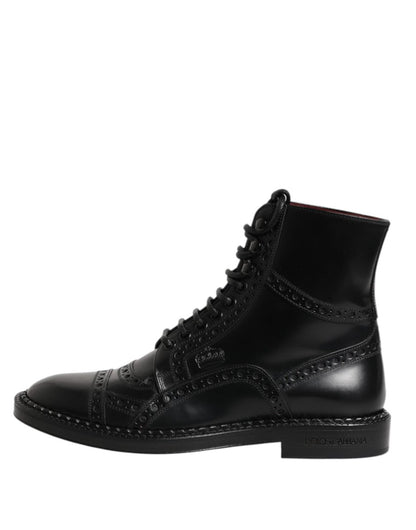 Dolce & Gabbana Black Leather Lace Up Mid Calf Boots Shoes - The Gentlemen's Vault