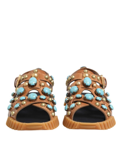 Dolce & Gabbana Brown Leather Studded Slides Sandals Shoes - The Gentlemen's Vault