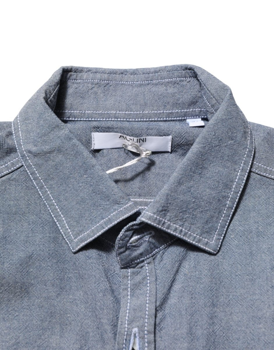 AGLINI Blue Denim Regular Fit Collared Long Sleeve Casual Shirt - The Gentlemen's Vault