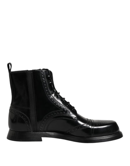 Dolce & Gabbana Black Leather Lace Up Mid Calf Boots Shoes - The Gentlemen's Vault