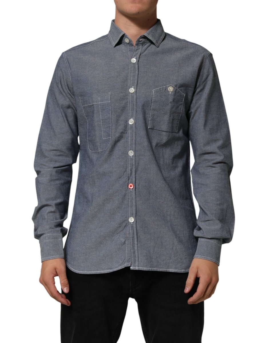 AGLINI Blue Denim Regular Fit Collared Long Sleeve Casual Shirt - The Gentlemen's Vault