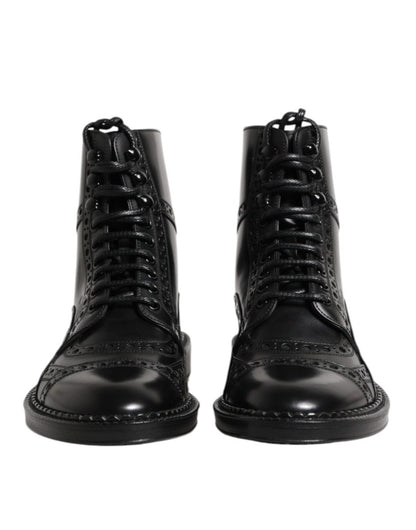 Dolce & Gabbana Black Leather Lace Up Mid Calf Boots Shoes - The Gentlemen's Vault