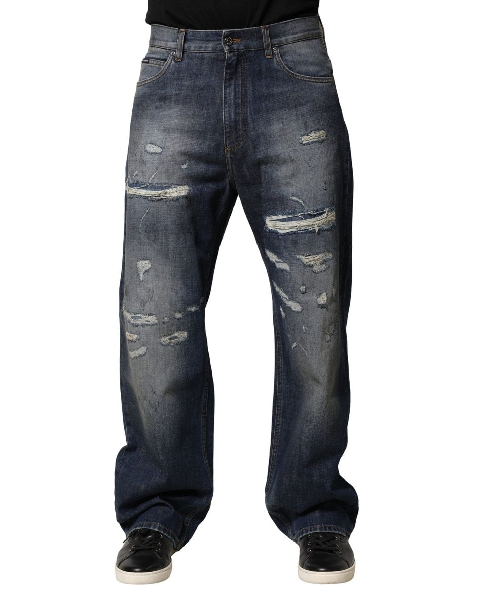 Dolce & Gabbana Blue Tattered Cotton Straight Men Denim Jeans - The Gentlemen's Vault