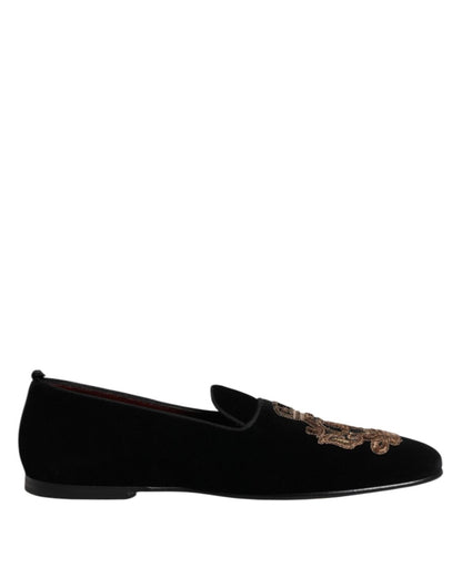 Dolce & Gabbana Black Velvet Gold Crown Mens Loafers Shoes - The Gentlemen's Vault