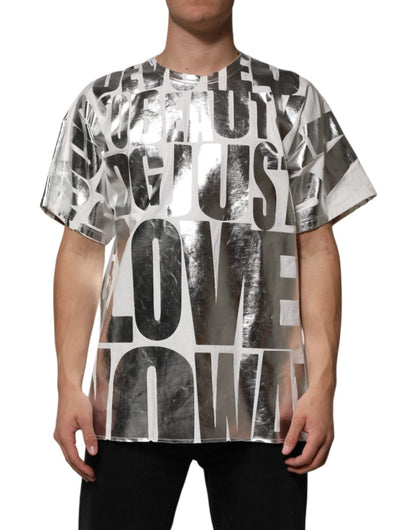 Dolce & Gabbana White Cotton Silver Metallic Slogan Print T-shirt - The Gentlemen's Vault
