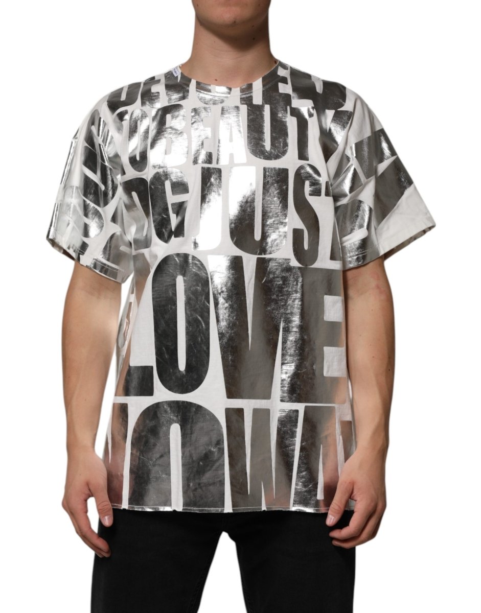 Dolce & Gabbana White Cotton Silver Metallic Slogan Print T-shirt - The Gentlemen's Vault