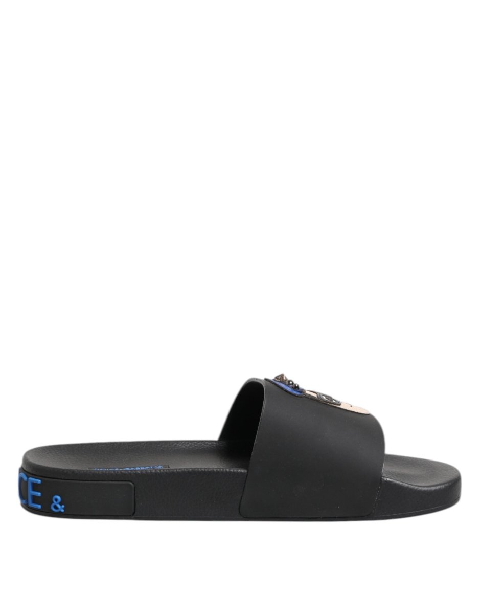 Dolce & Gabbana Black Leather Slides Flats Beachwear Shoes - The Gentlemen's Vault