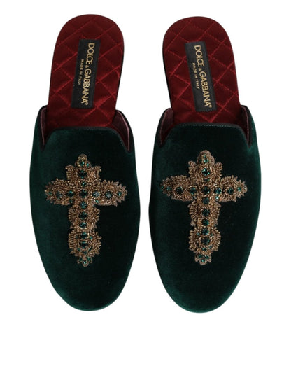 Dolce & Gabbana Green Velvet Cross Embellished Slippers Shoes - The Gentlemen's Vault
