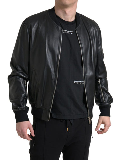 Dolce & Gabbana Black Leather Full Zip Bomber Men Jacket - The Gentlemen's Vault