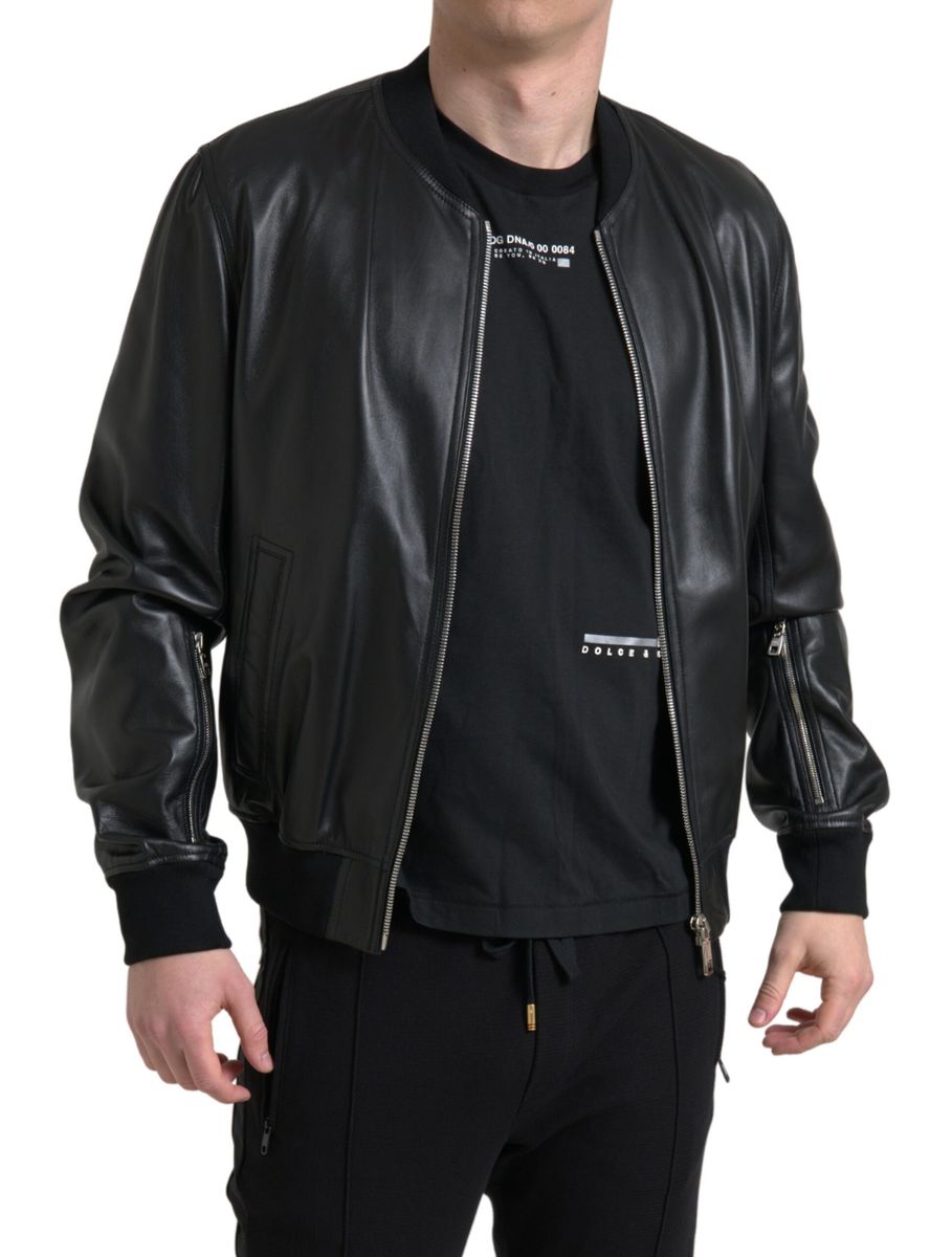 Dolce & Gabbana Black Leather Full Zip Bomber Men Jacket - The Gentlemen's Vault