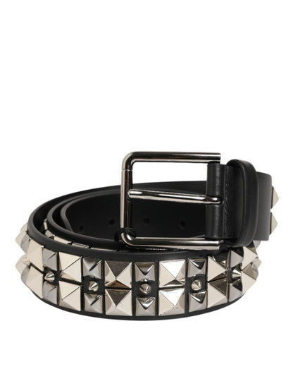Dolce & Gabbana Black Calf Leather Studded Silver Buckle Belt - The Gentlemen's Vault