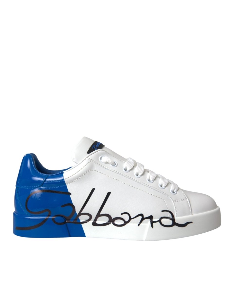 Dolce & Gabbana White Blue Leather Logo Low Top Sneakers Shoes - The Gentlemen's Vault